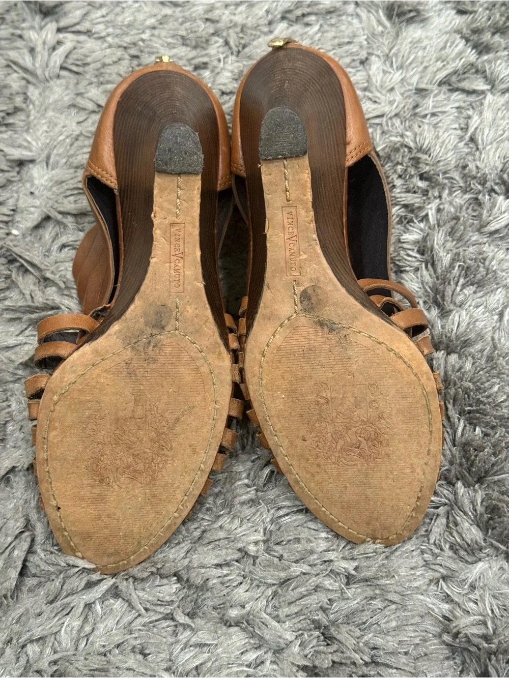 Vince Camuto Wedge Heels Brown Leather Peep Toe Zip Strappy